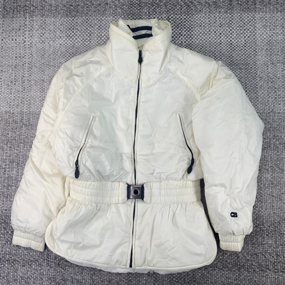 CB Sports Puffer Jacket Womens M White Belted Cinched Waist Vintage Ski Coat